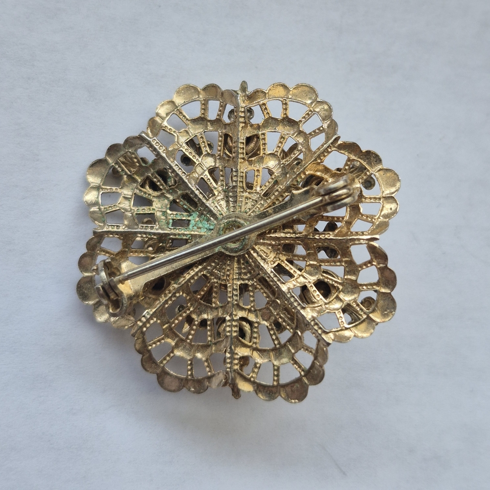 Vintage Faux Opal Blue Rhinestone Filigree Gold Tone Brooch - Picture 2 of 5